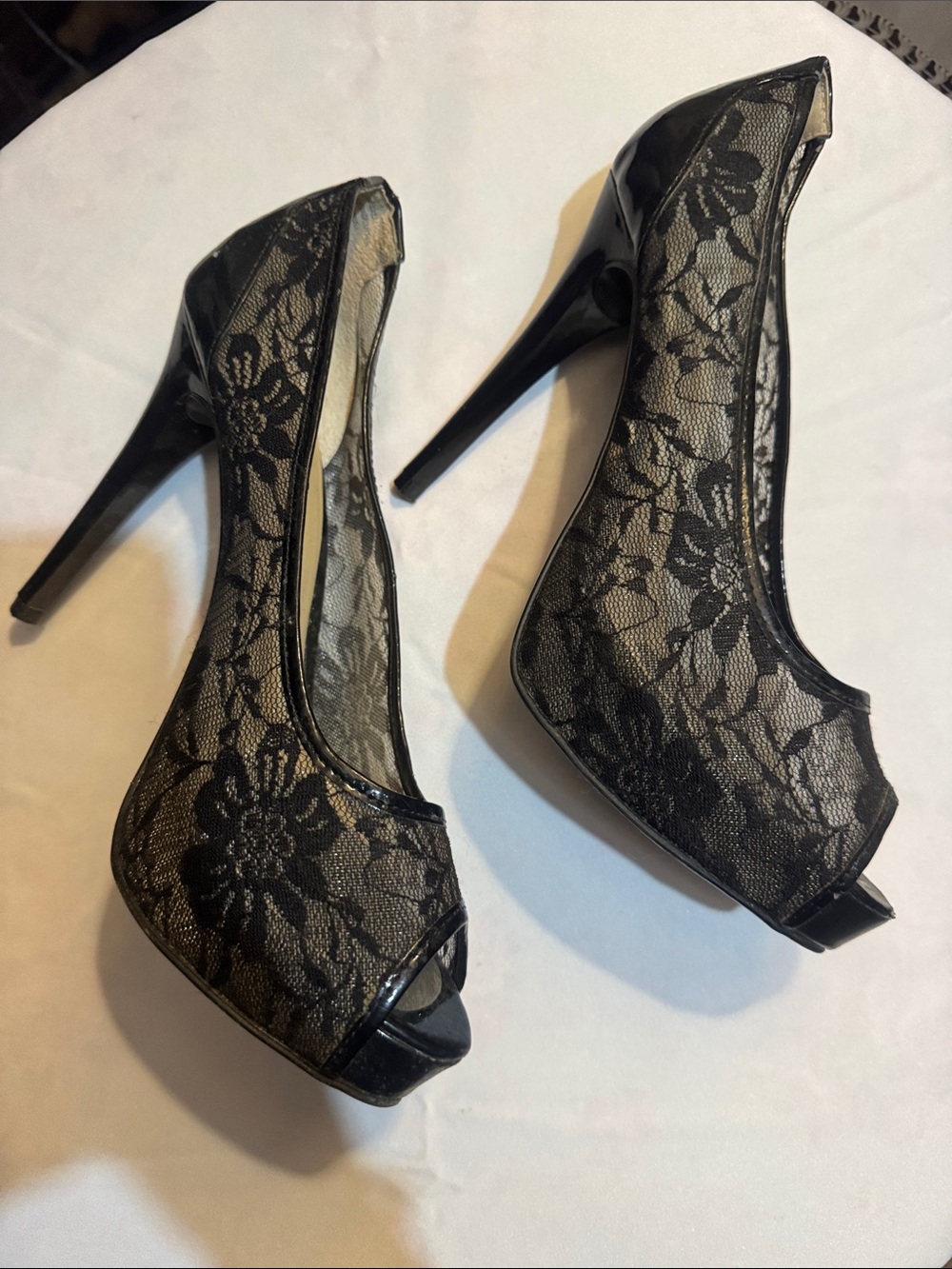 Guess Black Lace Peep-Toe Heels